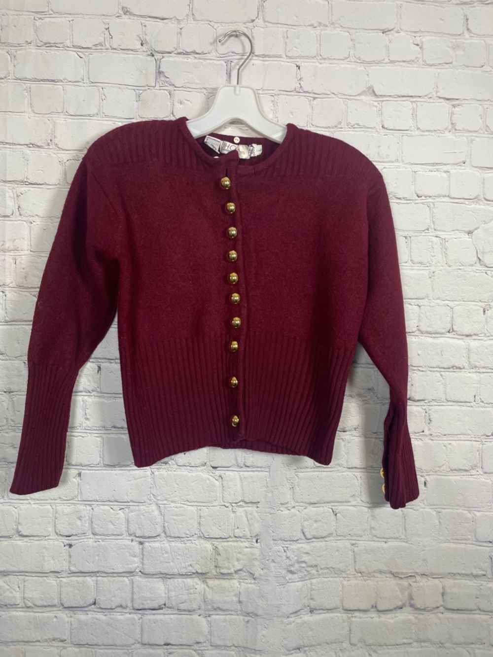 Vintage JH Collectibles Deep Burgundy Button-Up Knit Wool Cardigan